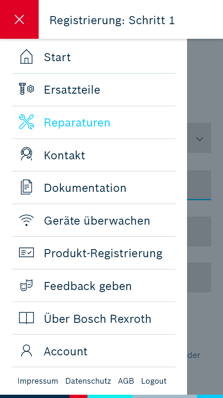 Menu view of the Digital Service Assistant by Bosch Rexroth