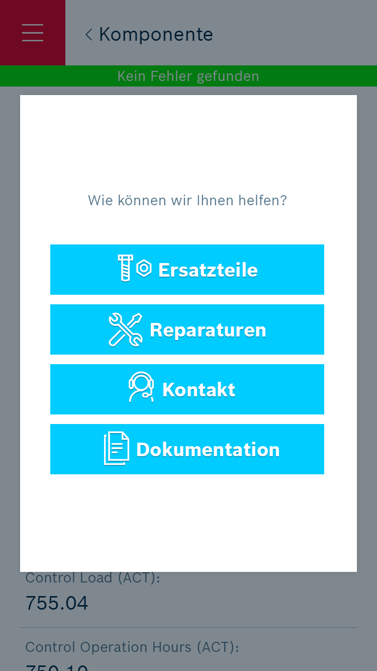 screen to request a service like spare parts, repair, contact or documentation